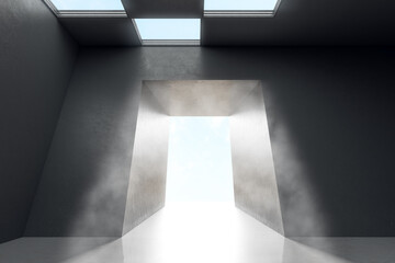 Modern concrete interior with success door and sunlight. Way and opportunity concept. 3D Rendering.