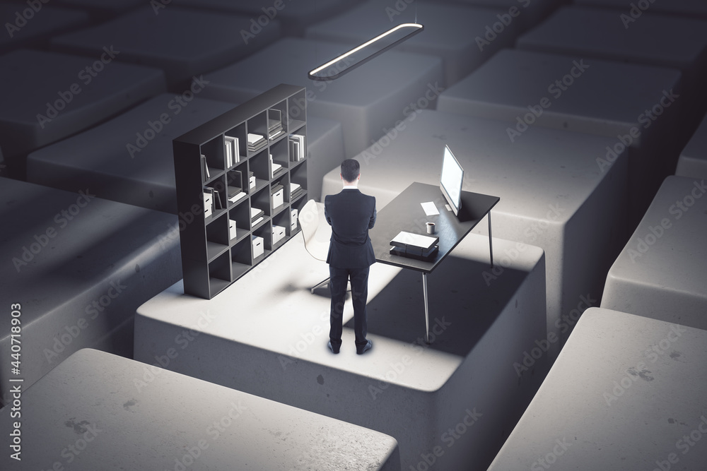 Poster Businessman with creative desktop with computer workplace standing on keyboard keys. Digital transformation and remote work concept.