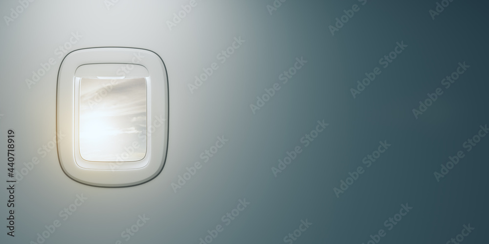 Poster Airplane window with beautiful sky view and mock up place for your advertisement. Travel and transportation concept. 3D Rendering.