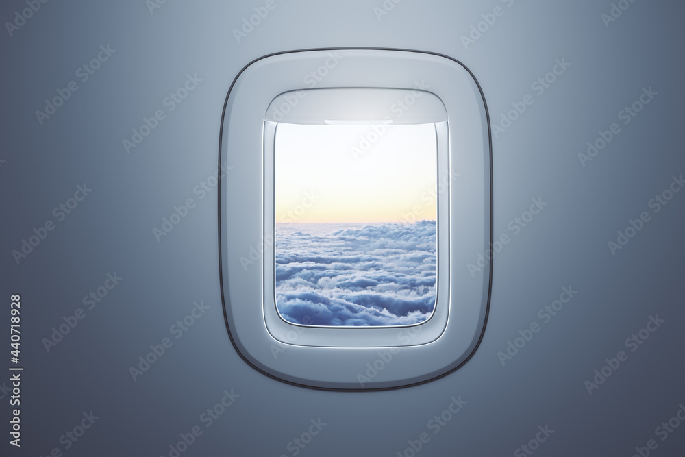 Poster airplane window with beautiful sky view. travel and transportation concept. 3d rendering.