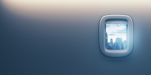 Abstract blank backdrop with copyspace and city skyscrapers view from porthole, flight and business travel concept. 3D rendering, mock up