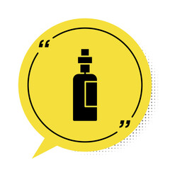 Black Bottle of olive oil icon isolated on white background. Jug with olive oil icon. Yellow speech bubble symbol. Vector