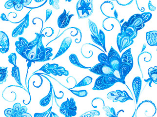 Paisley watercolor floral pattern tile with flowers, flores, tulips, leaves. Oriental traditional hand painted water color whimsical seamless print for ceramic design. Abstract indian batik background