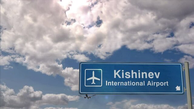 Jet plane landing in Kishinev, Chisinau, Moldova. City arrival with airport direction sign. Travel, business, tourism and transport concept. 3D rendering.