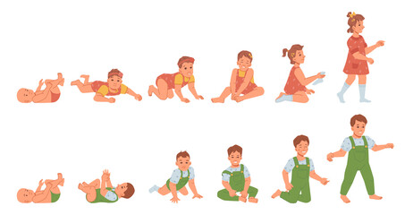 Growing baby boy and girl, development of male and female infant. From newborn to toddler, cycle and evolution of kid. Children growth and childhood. Crawling and standing kiddo, flat cartoon vector