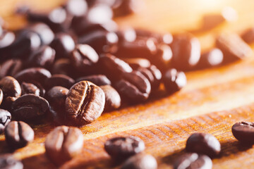 Organic coffee beans on wood