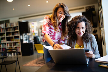 Student studying brainstorming library friends teamwork concept