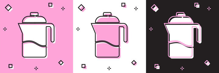 Set French press icon isolated on pink and white, black background. Vector