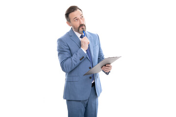 thoughtful entrepreneur making notes on folder documents isolated on white, decision.
