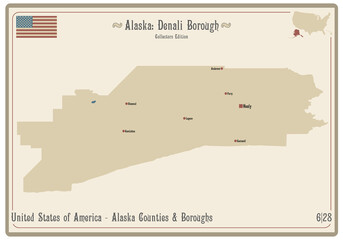 Map on an old playing card of Denali borough in Alaska, USA.