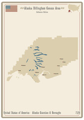 Map on an old playing card of Dillingham Census Area in Alaska, USA.