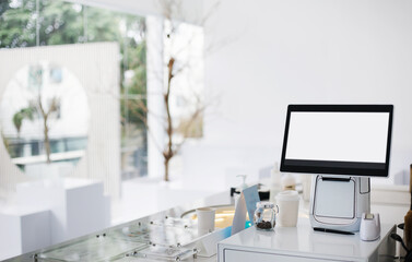 Blank screen monitor use for recive order and paying from customer in white tone cafe