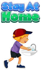 Stay At Home font design with a boy washing his hands on white background