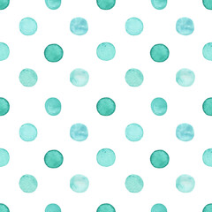 Watercolor turquoise seamless pattern. Hand drawn polka dot background