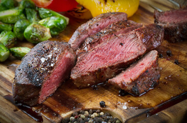 cut steak with vegetables on wooden desk