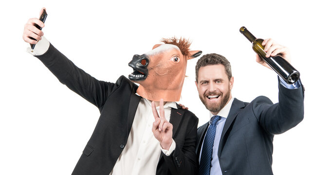 Live stream from anywhere. Happy businessmen take selfie video on smartphone. Live stream video