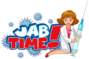 Jab time font design with a doctor woman on white background
