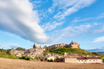 Fototapeta na wymiar Panoramic of medieval town with clouds and blue sky (Frias-Burgos)