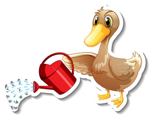 Sticker template with a duck holding watering can cartoon character isolated