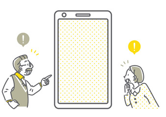 シニア夫婦と空白のスマホ画面のシンプルでお洒落な線画イラスト