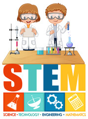 Scientist kids cartoon character with STEM education logo