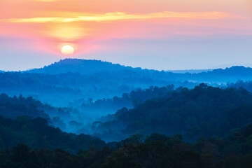 Scenery of mountains during sunrise.