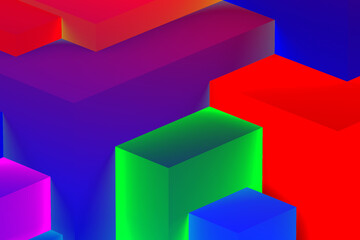 Obraz premium Abstract geometric cubic colorful in neon lights background. isometric 3d render.
