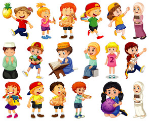 Children doing different activities cartoon character set on white background