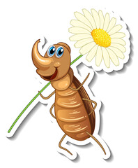 Sticker template with cartoon character of a beetle holding a flower isolated