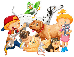 Group of pet with their owner on white background