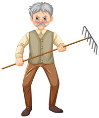 Old farmer man cartoon character holding rake garden tool