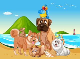 Obraz na płótnie Canvas Beach outdoor scene with group of pet