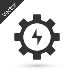 Grey Gear and lightning icon isolated on white background. Electric power. Lightning bolt sign. Vector