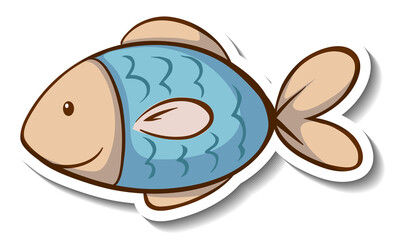 Sticker template with cute fish cartoon character isolated