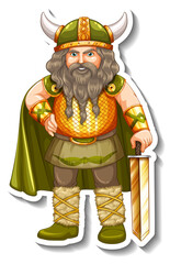 Sticker template with Viking warrior cartoon character isolated
