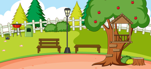 Outdoor scene with bench and apple tree in the park