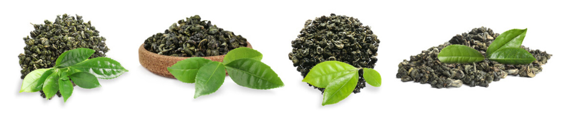 Fototapeta na wymiar Dry green tea and fresh leaves on white background, collage. Banner design