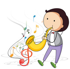 Doodle cartoon character of a man playing saxophone with musical melody symbols