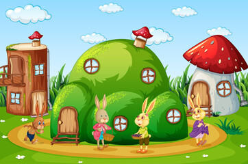 Garden scene with many rabbits cartoon character