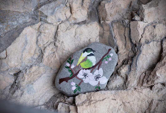 Handmade pained rock. Painted bird on rock