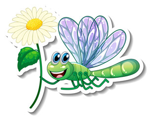 Sticker template with cartoon character of a dragonfly holding a flower isolated