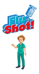 Flu Shot font design with a doctor man cartoon character on white background