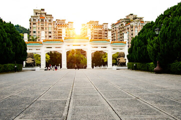 National Palace Museum gate or entrance and  ground activities area with building ,sunlight and tree background at Taipei,Taiwan.