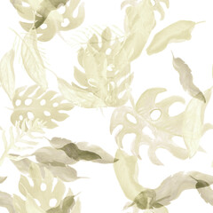 Brown Seamless Illustration Nature Jungle. White Pattern Plant. Gray Watercolor Painting. Tropical Foliage. Floral Decor. Summer Jungle. Isolated Background.