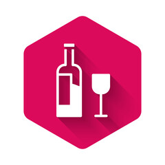 White Wine bottle with glass icon isolated with long shadow. Pink hexagon button. Vector