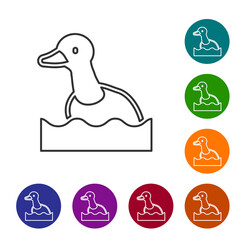 Black line Flying duck icon isolated on white background. Set icons in color circle buttons. Vector