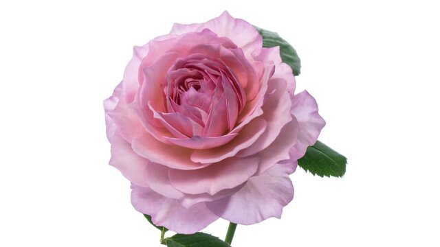 Beautiful opening pink rose on white background, close-up. Wedding, Valentines Day, Mothers Day concept. Holiday, love, birthday design backdrop . Timelapse. 4K video with alfa channel