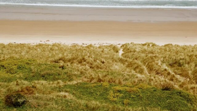 Spectacular view of Bamburgh Castle beach, a pristine, sandy beach, backed by sand dunes in Northumberland, England, UK