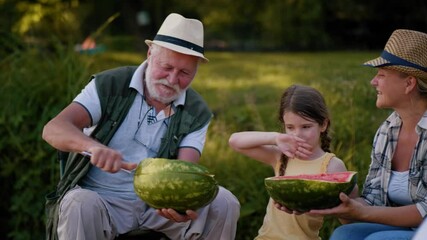 Grandfather cutting watermelon for his little girl. Family picnic - Powered by Adobe