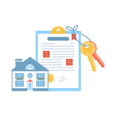 Mortgage contract concept. Signed Mortgage Rate Document agreement with bank stamp and house keys. Vector illustration in flat style
